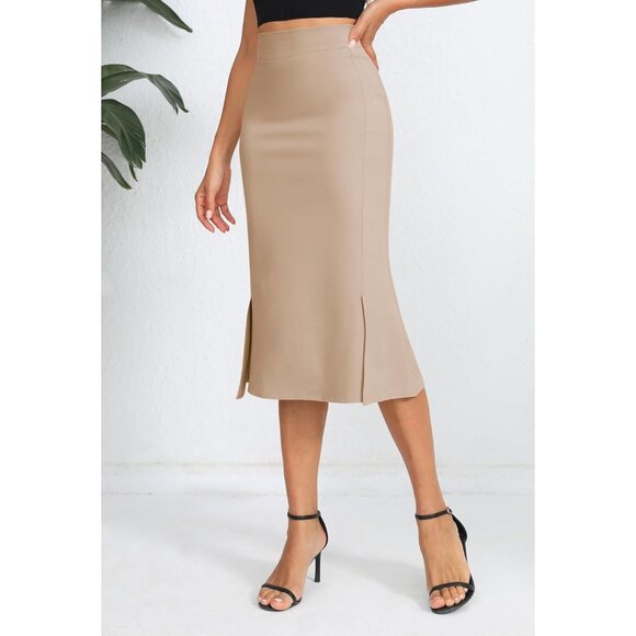 Women's Khaki Stretch Office Fishtail Pencil High Waist Bodycon Slit Midi Skirt - Picture 3 of 6